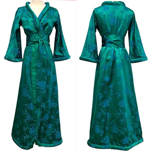 Vintage Other - Vintage 50s Dynasty Hong Kong Green Silk Jacquard Maxi Dressing Gown Robe Size S